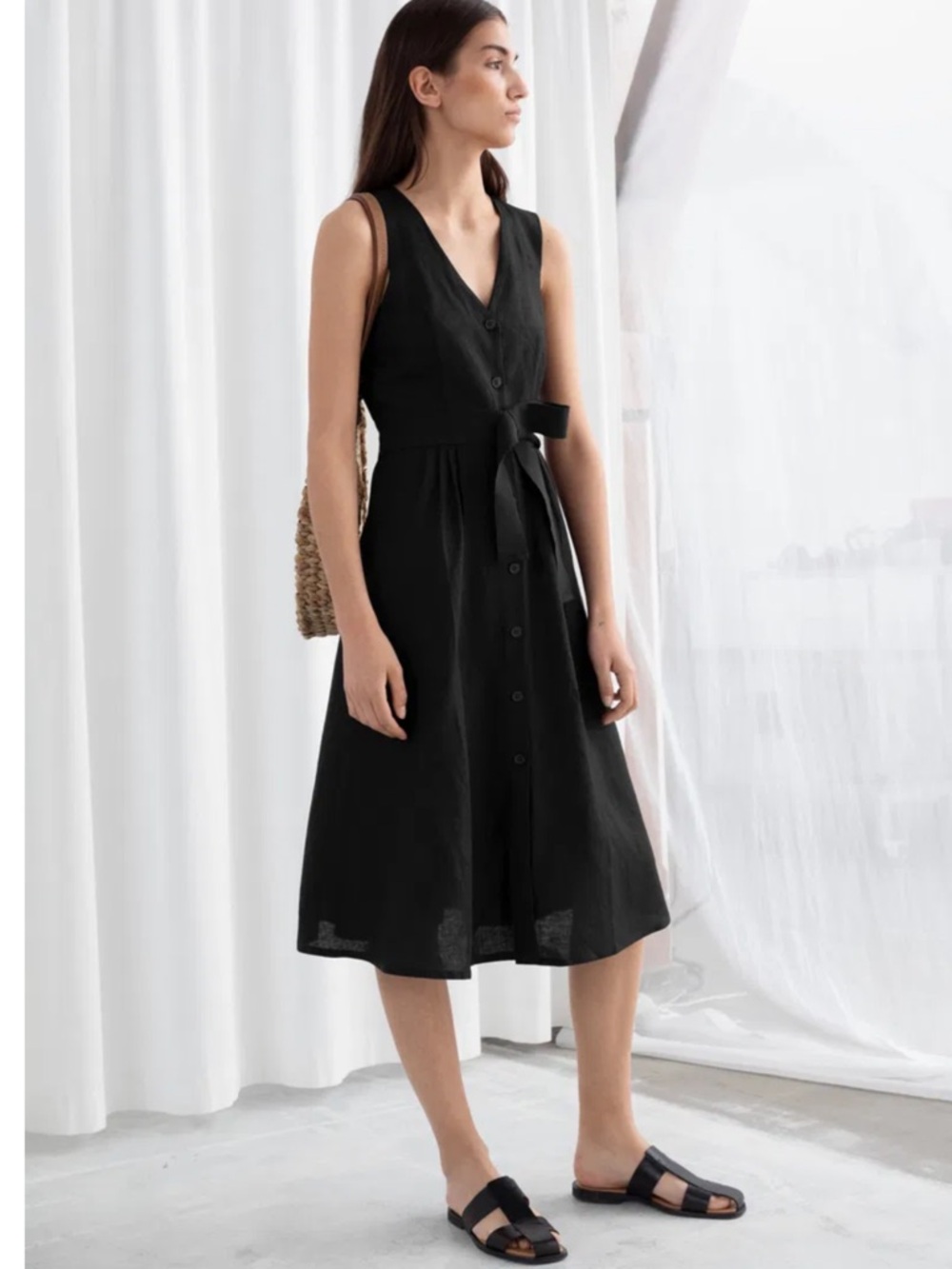 & Other Stories  Black Sleeveless Button-Front Belted Linen Blend Midi Dress